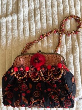 Mary Francis original Boho Embroidered Velvet Shoulder Bag with Red Accents
